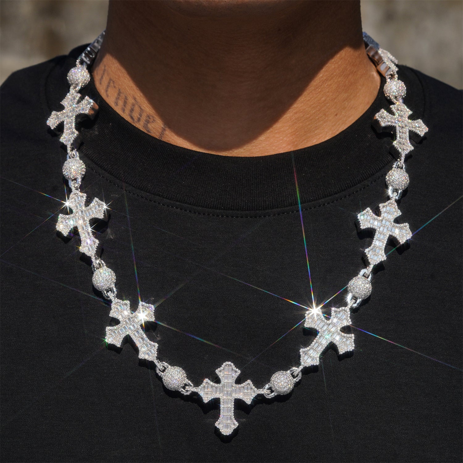 Hip Hop Iced Out 10MM Rosary Iced Out Ball Cross Charm Necklace