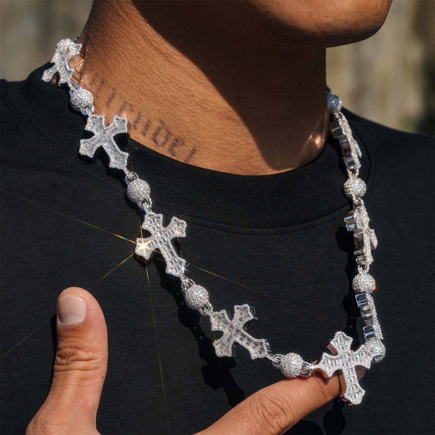 Hip Hop Iced Out 10MM Rosary Iced Out Ball Cross Charm Necklace