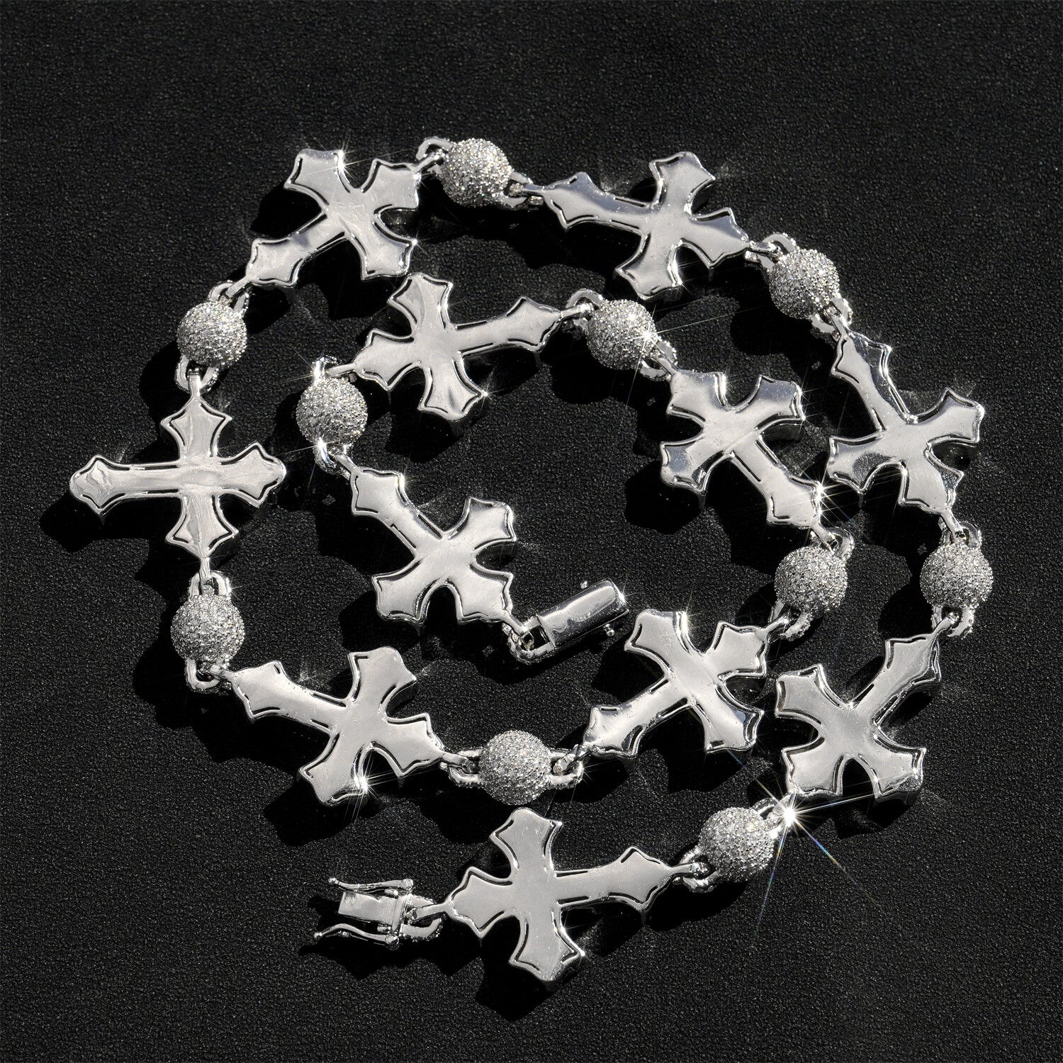 Hip Hop Iced Out 10MM Rosary Iced Out Ball Cross Charm Necklace