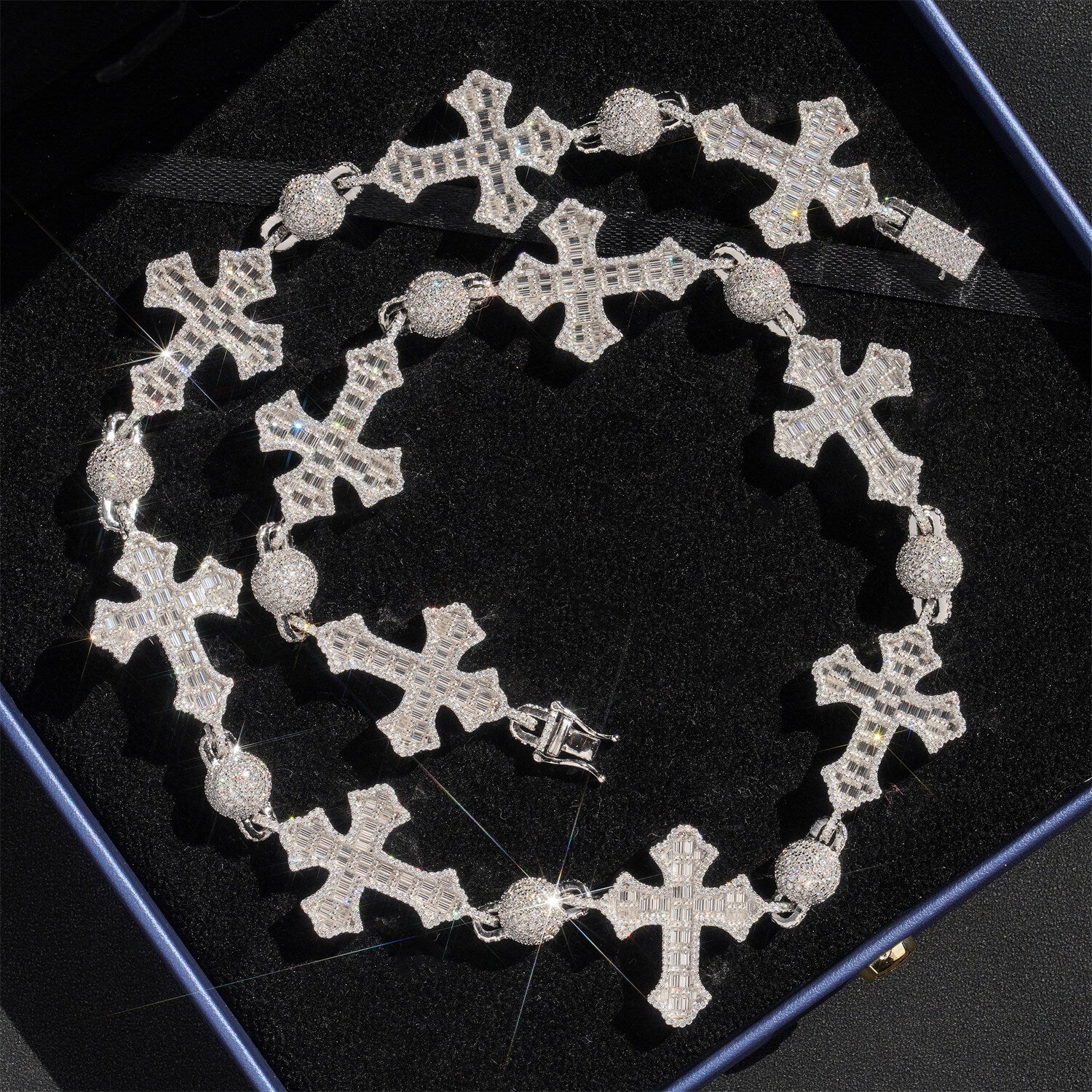 Hip Hop Iced Out 10MM Rosary Iced Out Ball Cross Charm Necklace