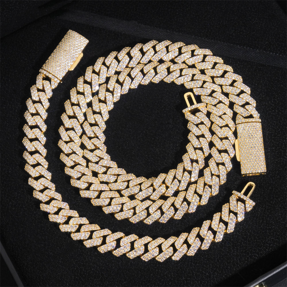 18K Yellow Gold Two Rows Prong Set Cuban Chain Necklace