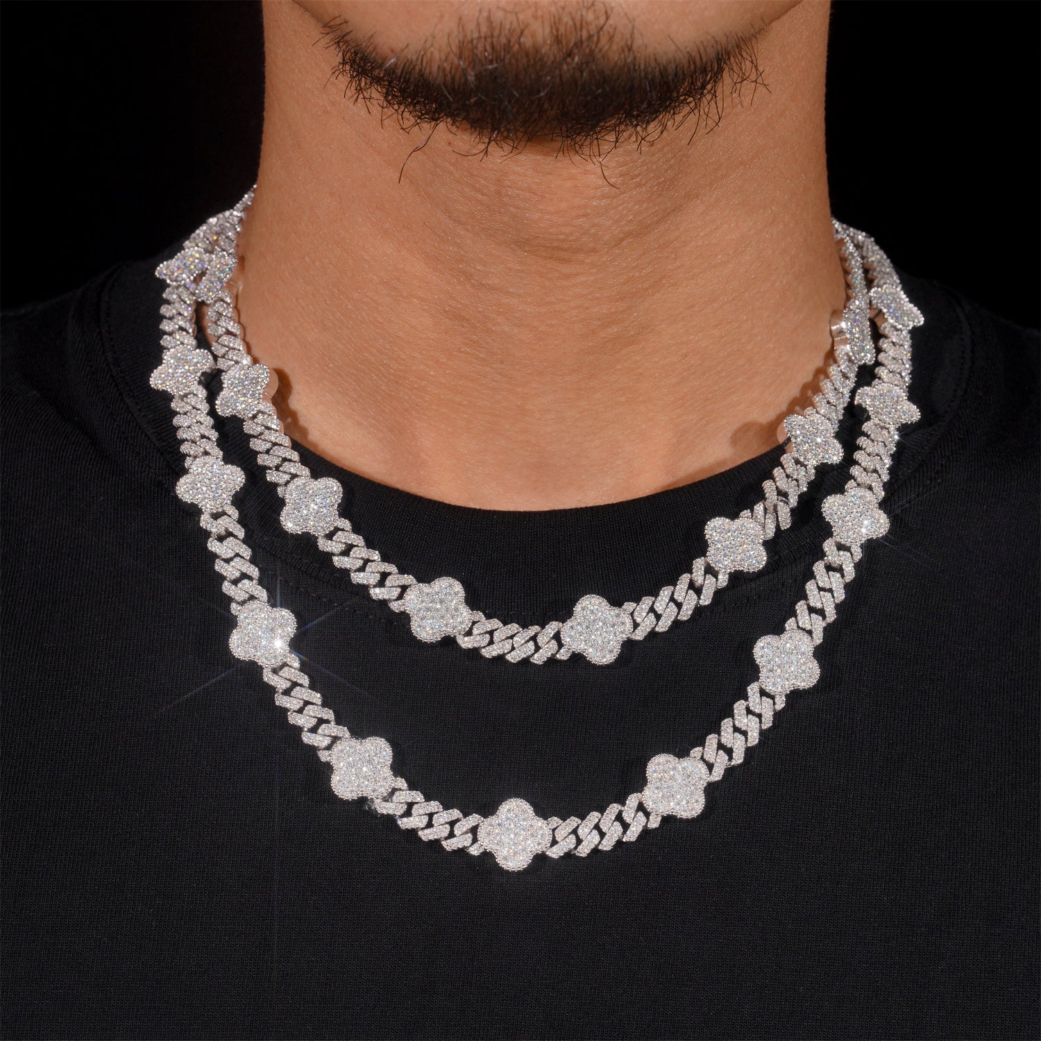 Micro Pave Cubic Zirconia Clover Link Cuban Necklace