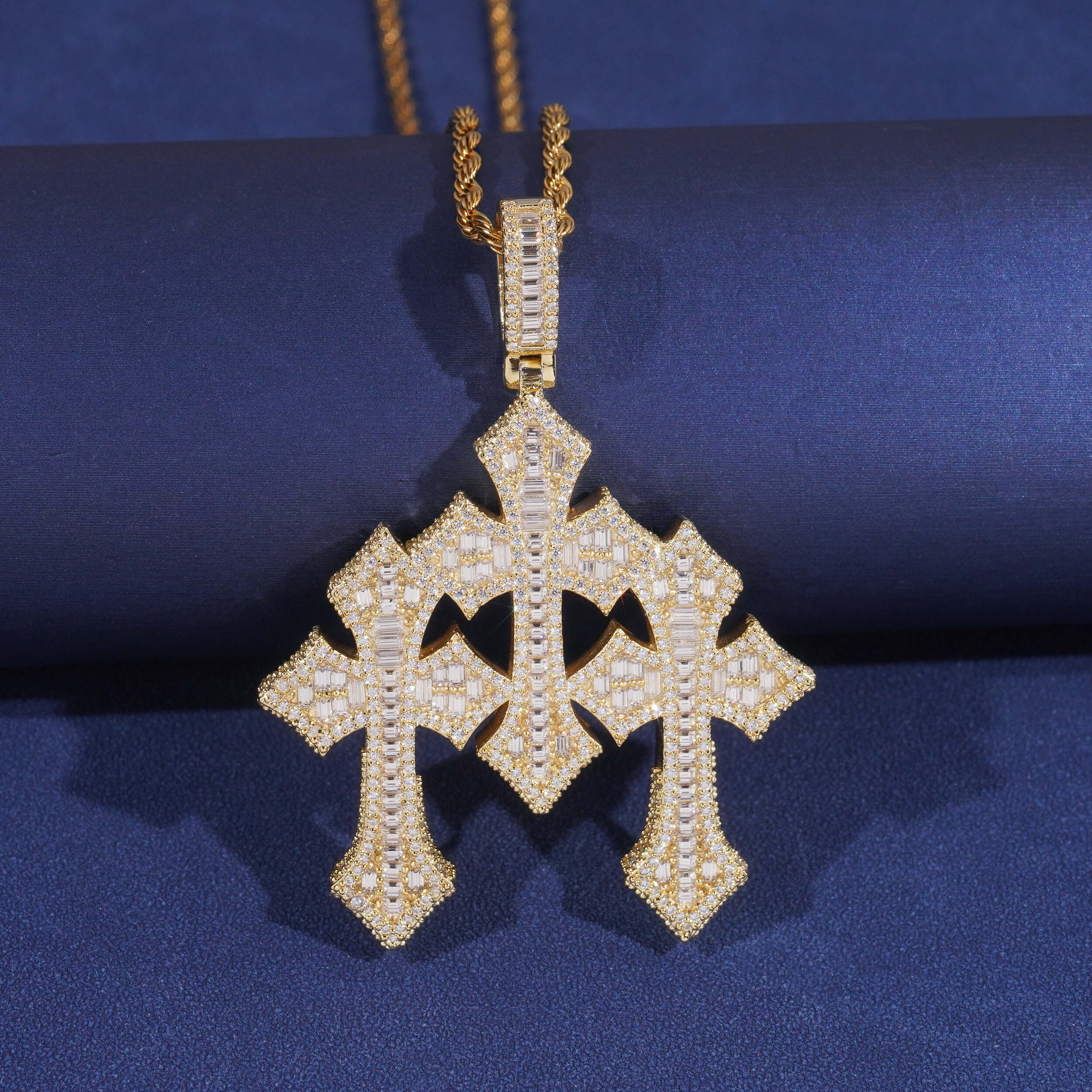 Baguette Cut Design Cubic Zirconia Iced Out Three Cross Pendant