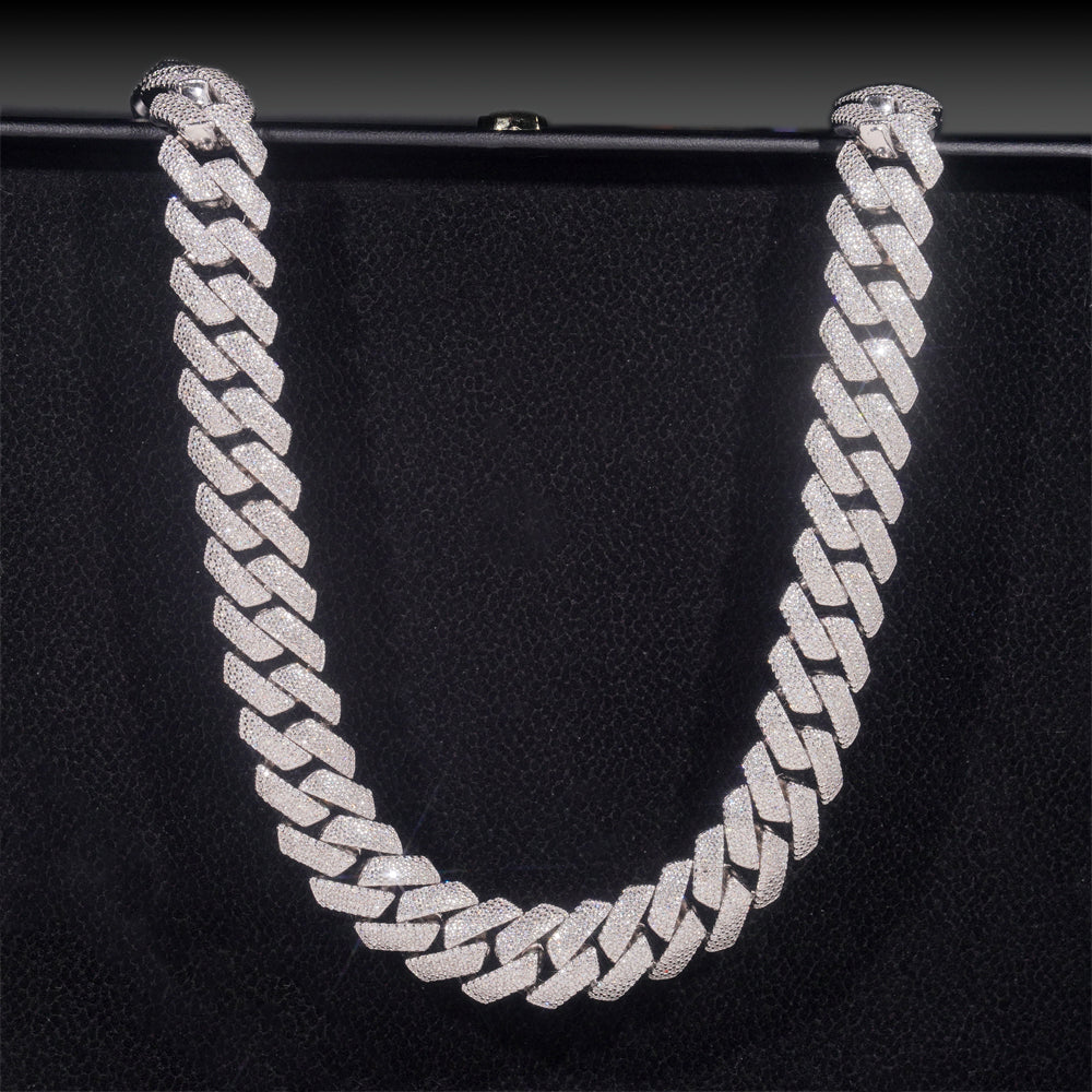 Hip Hop Iced Out 15MM 4 Rows Prong Set Cuban Link Chain Necklace