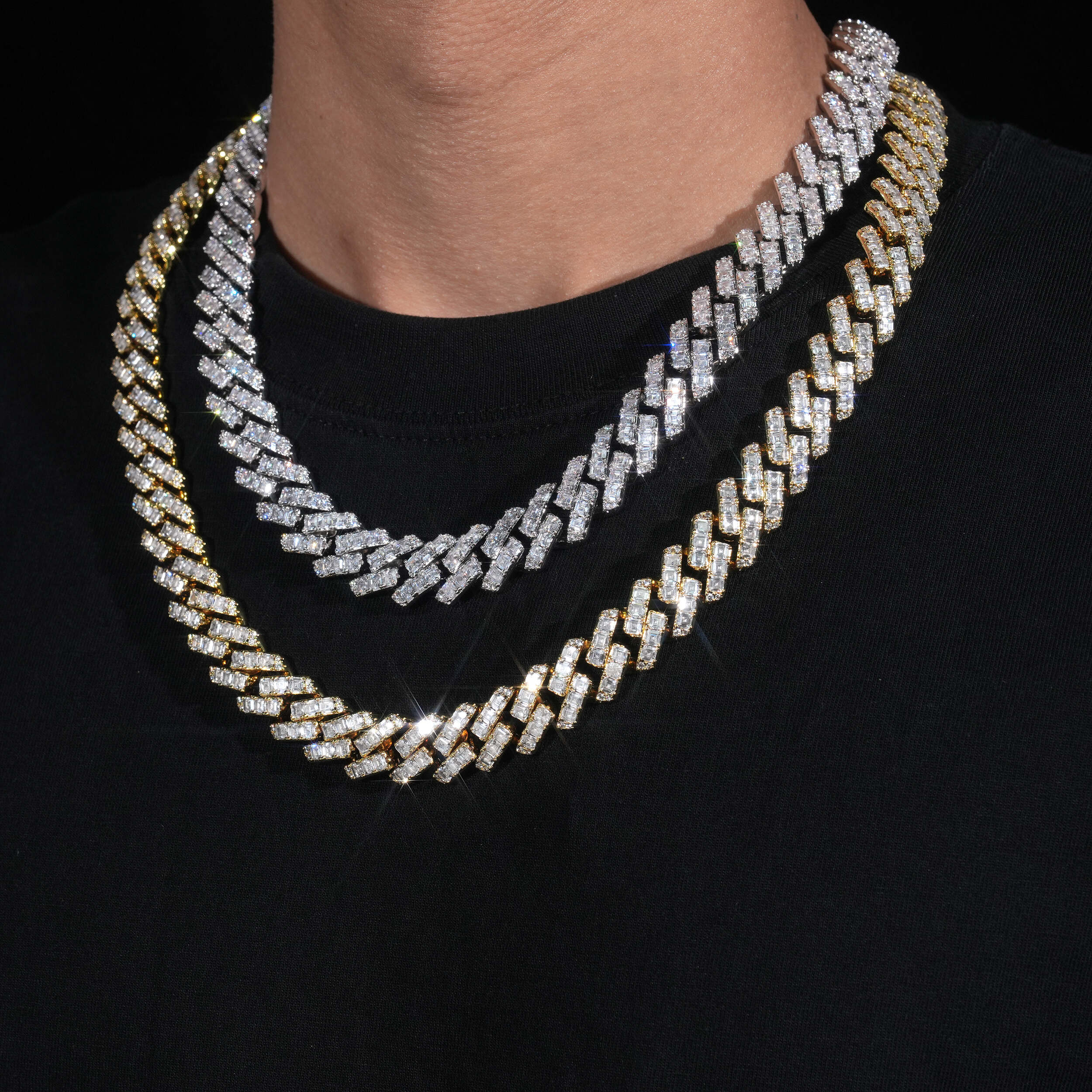 Iced Out Hip Hop Jewelry 15MM Baguette Diamond Cuban Chain Necklace