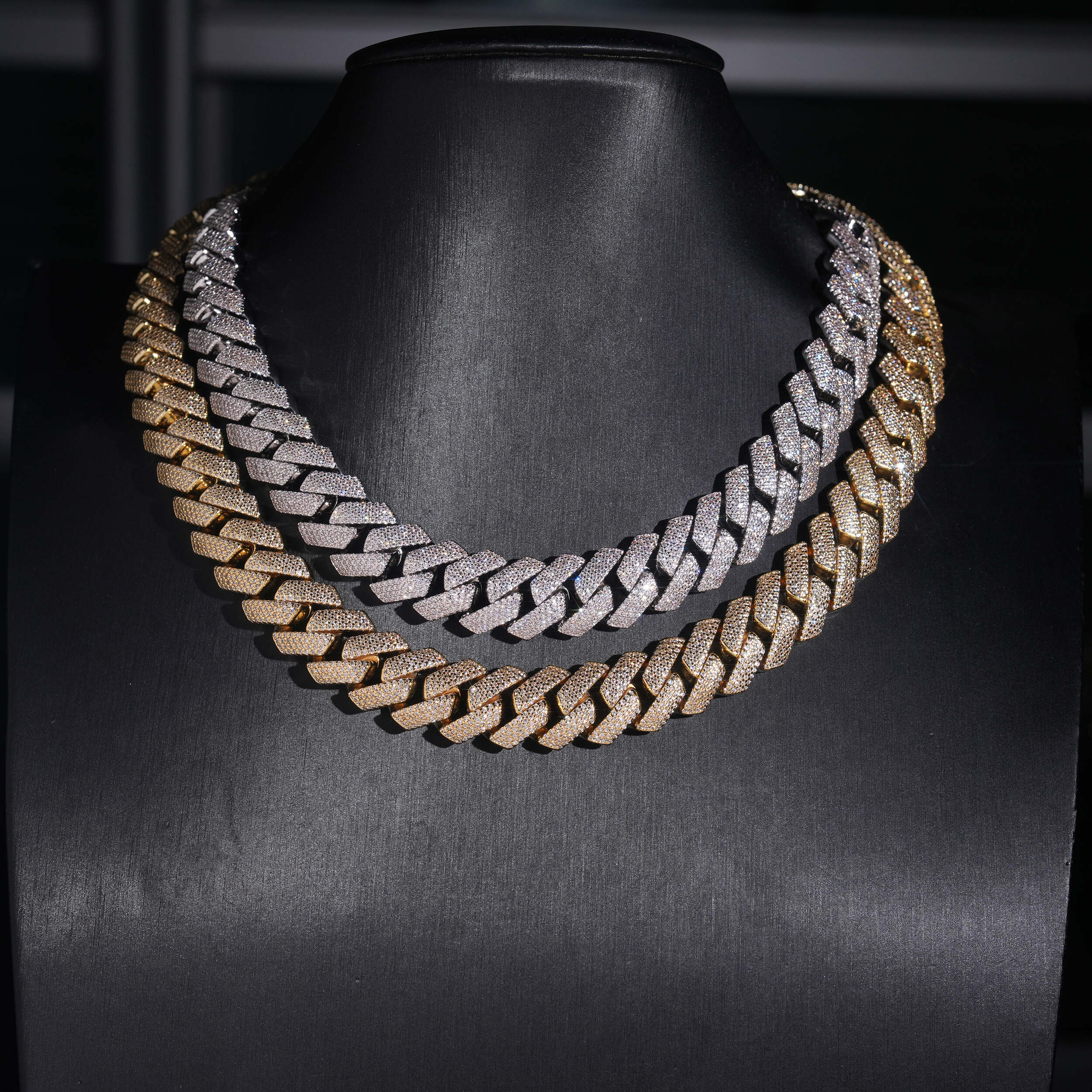 18K Gold 15MM Prong Set Miami Cuban Link Chain Necklace Iced Out Jewelry