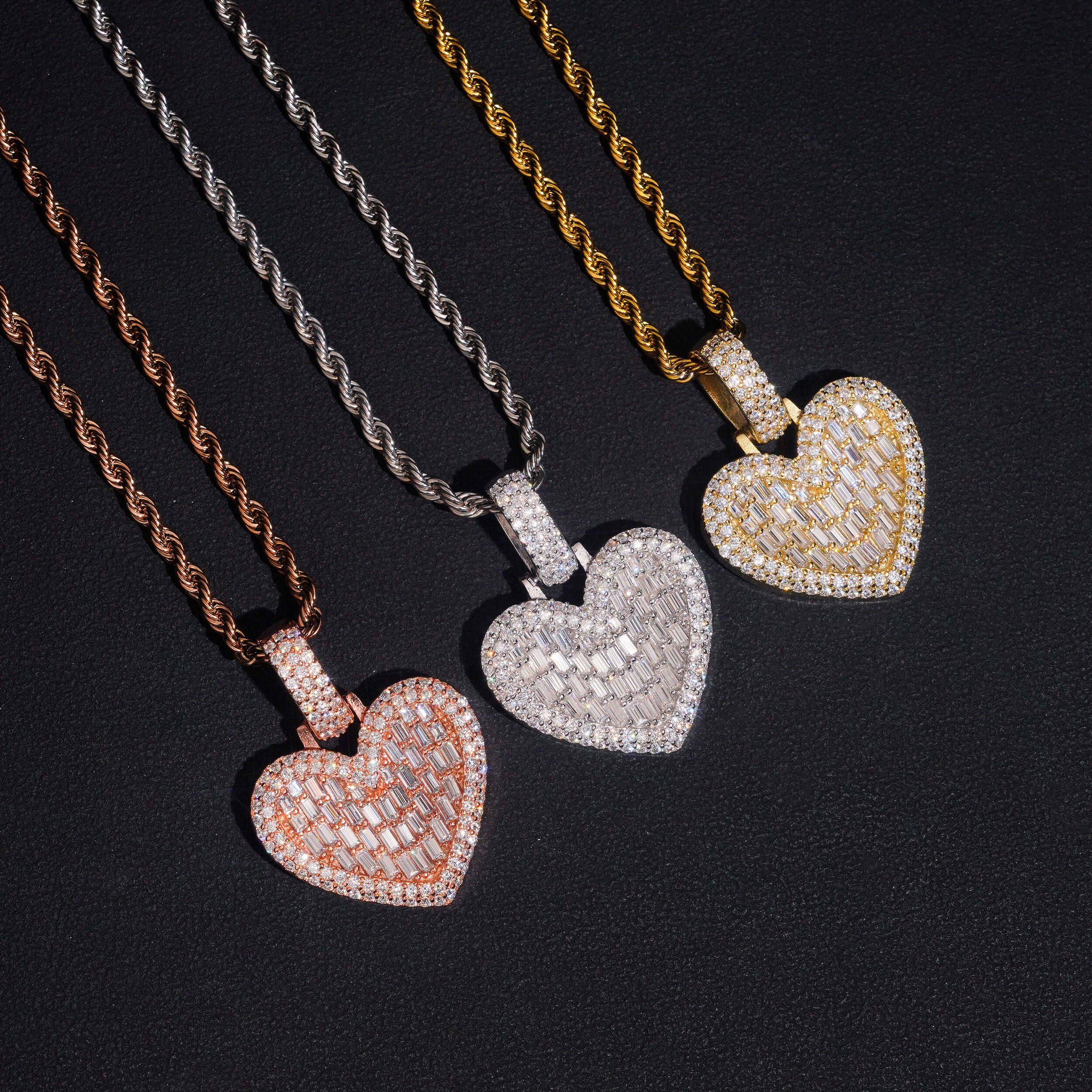 Baguette Diamond Heart Shaped Charm Pendant Iced Out