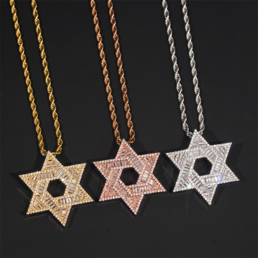 Iced Out Baguette Diamond Cut David Star Pendant