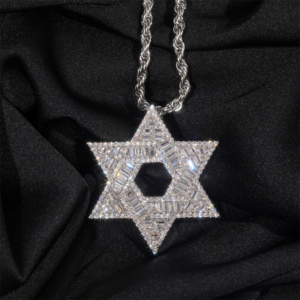Iced Out Baguette Diamond Cut David Star Pendant