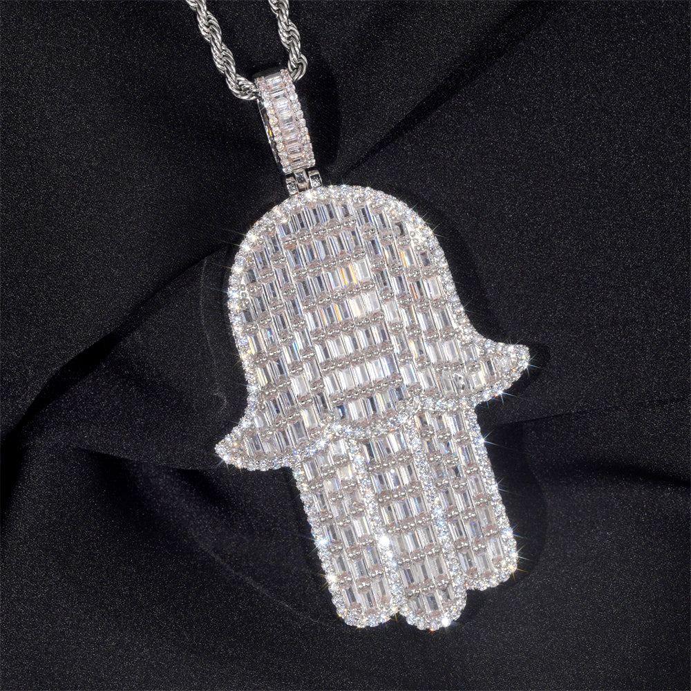 Large Size Baguette Cut Cubic Zirconia Hamsa Pendant