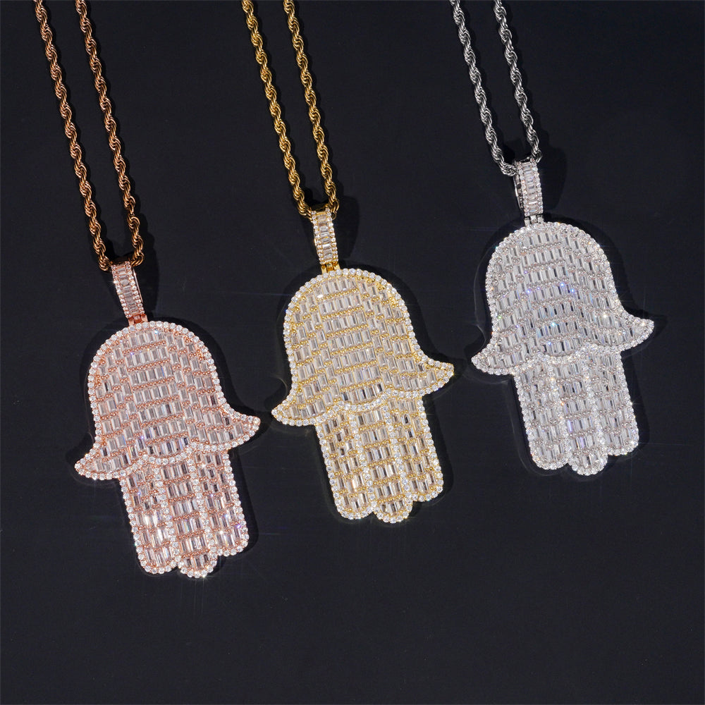 Large Size Baguette Cut Cubic Zirconia Hamsa Pendant