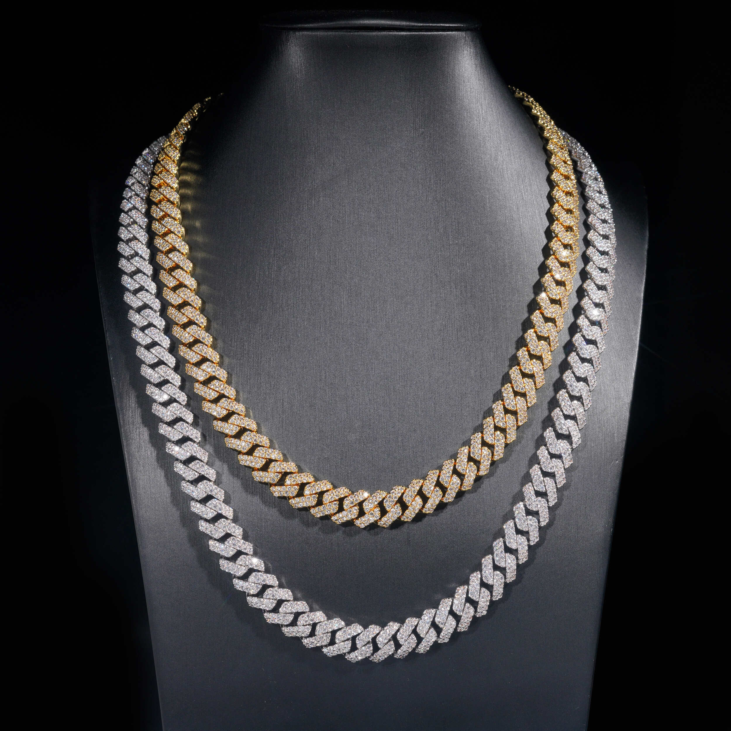 Double Rows Prong Set 12MM Cuban Link Chain Iced Out Hip Hop Jewelry