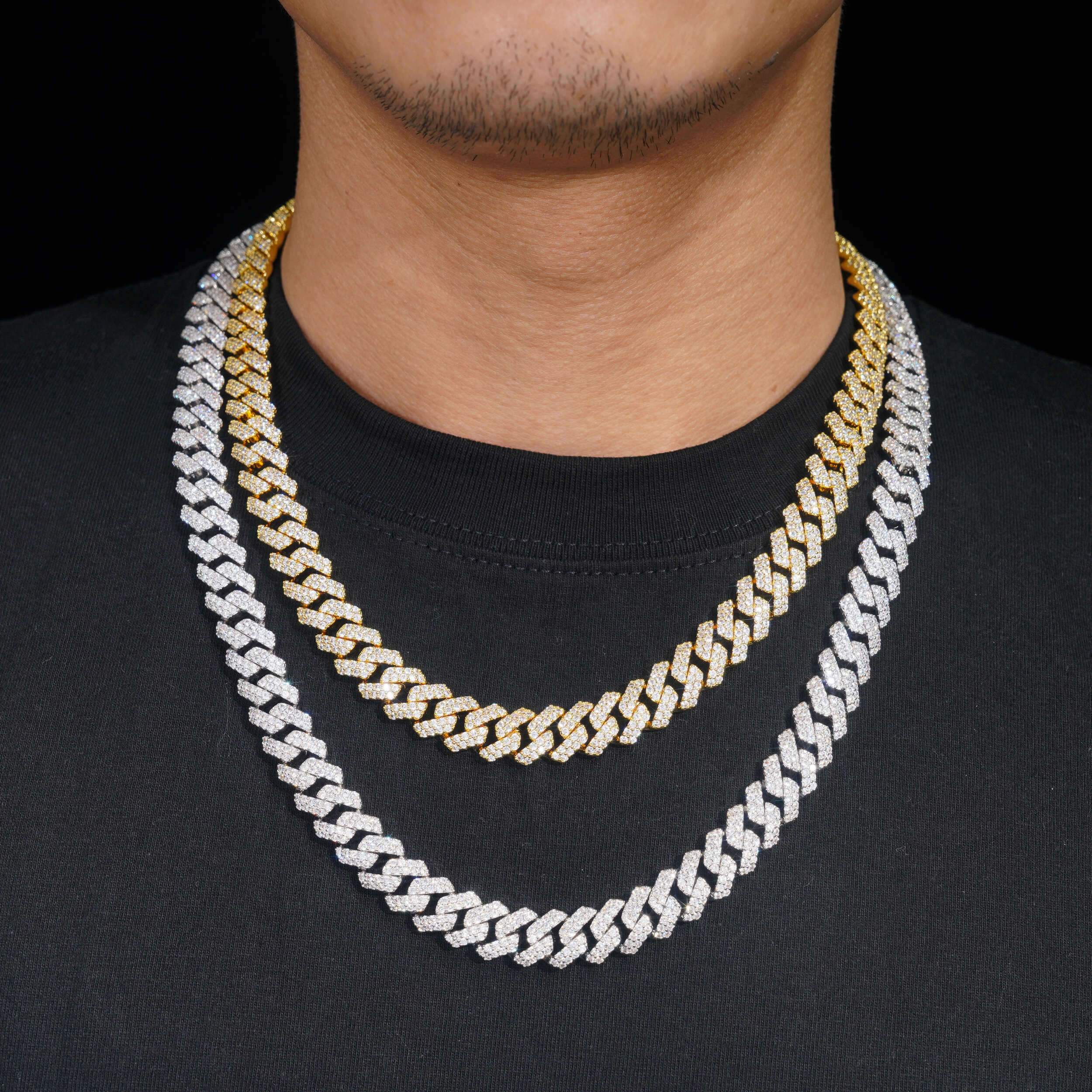 18K Yellow Gold Two Rows Prong Set Cuban Chain Necklace