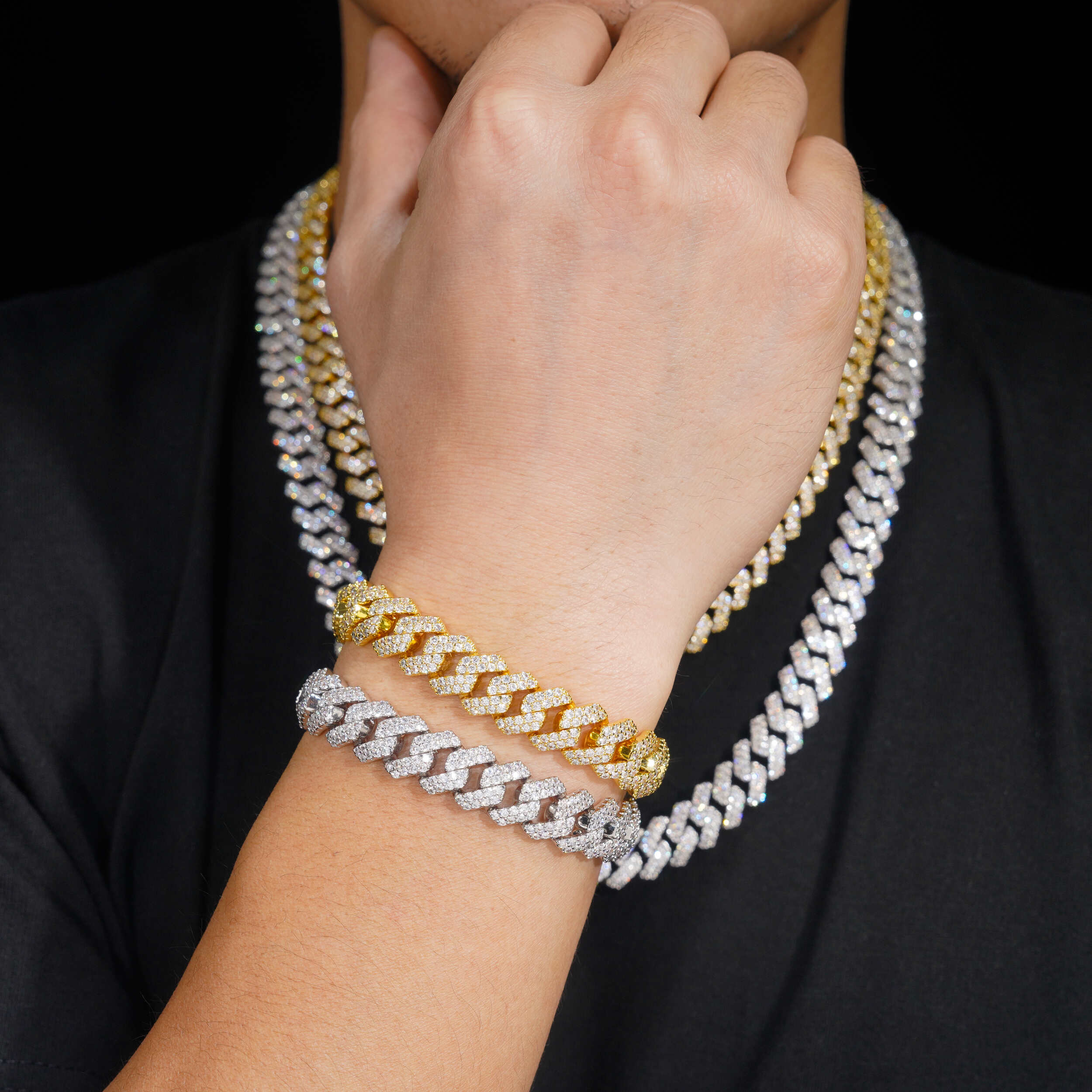 12MM Double Rows Prong Set Cubic Zirconia Men Cuban Link Bracelet