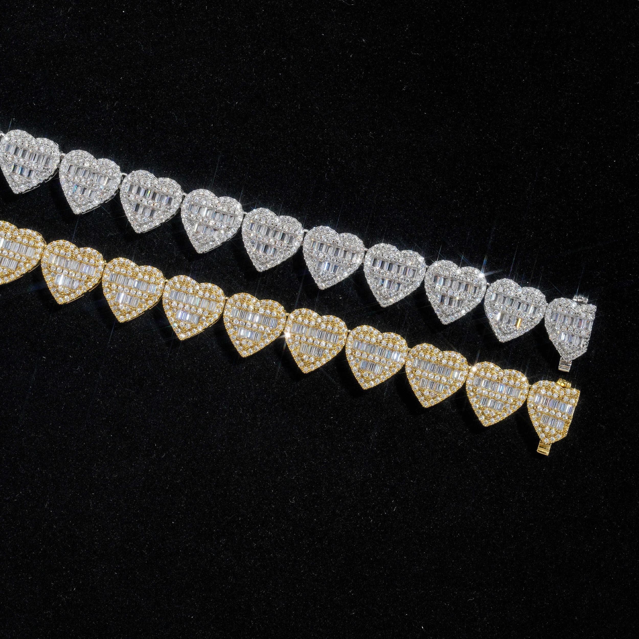13MM Gold Baguette Cut Heart Tennis Chain Necklace