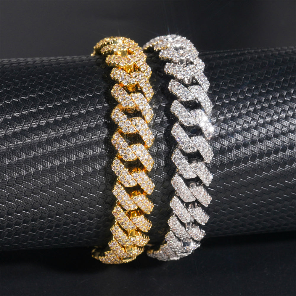 12MM Double Rows Prong Set Cubic Zirconia Men Cuban Link Bracelet